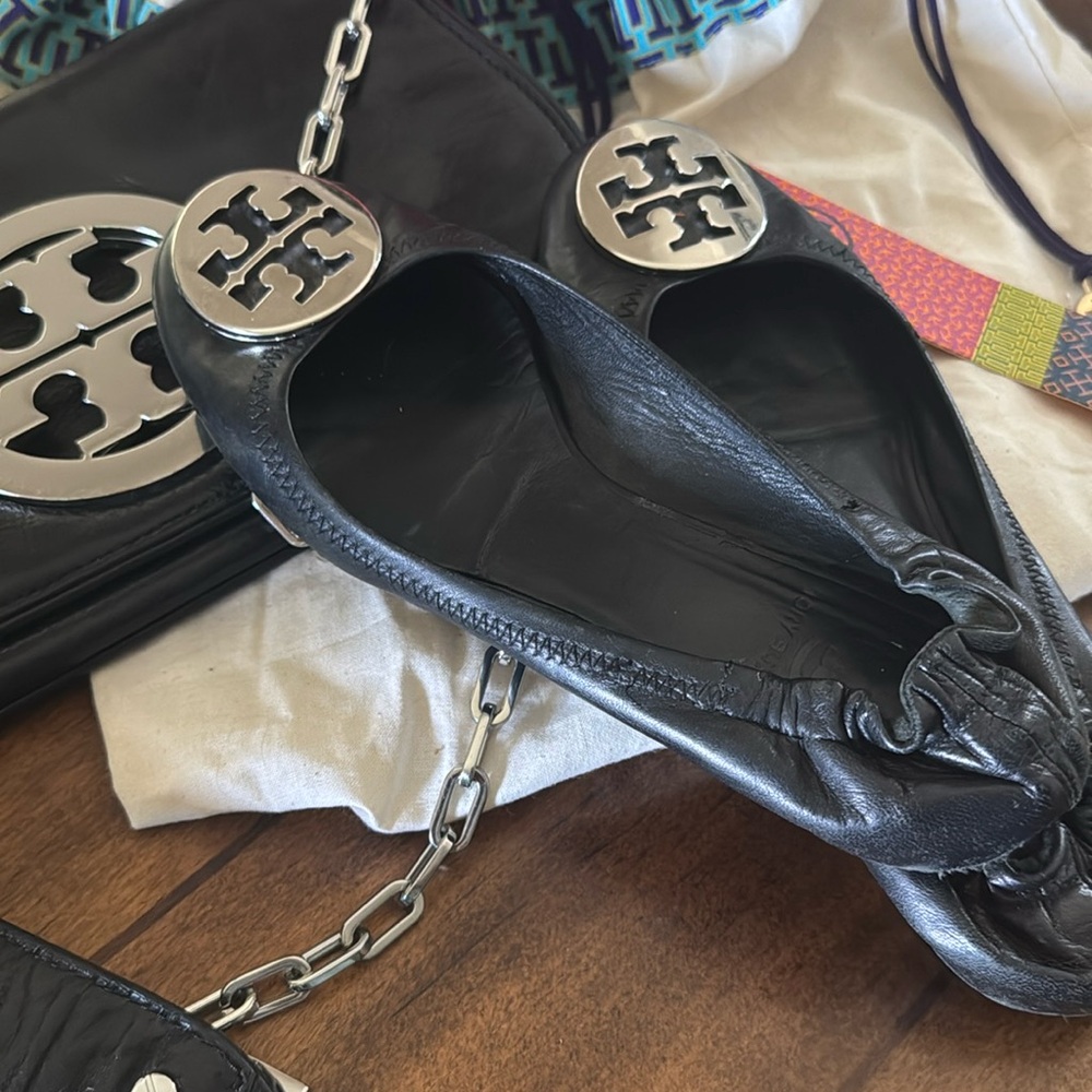 Tory Burch Black Leather Flats with Silver Logo